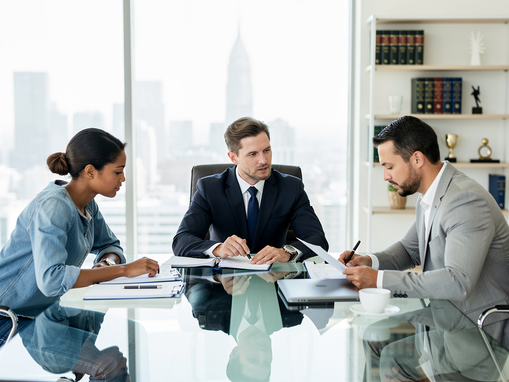 Reunión de negocios en oficina moderna con tres profesionales revisando documentos
