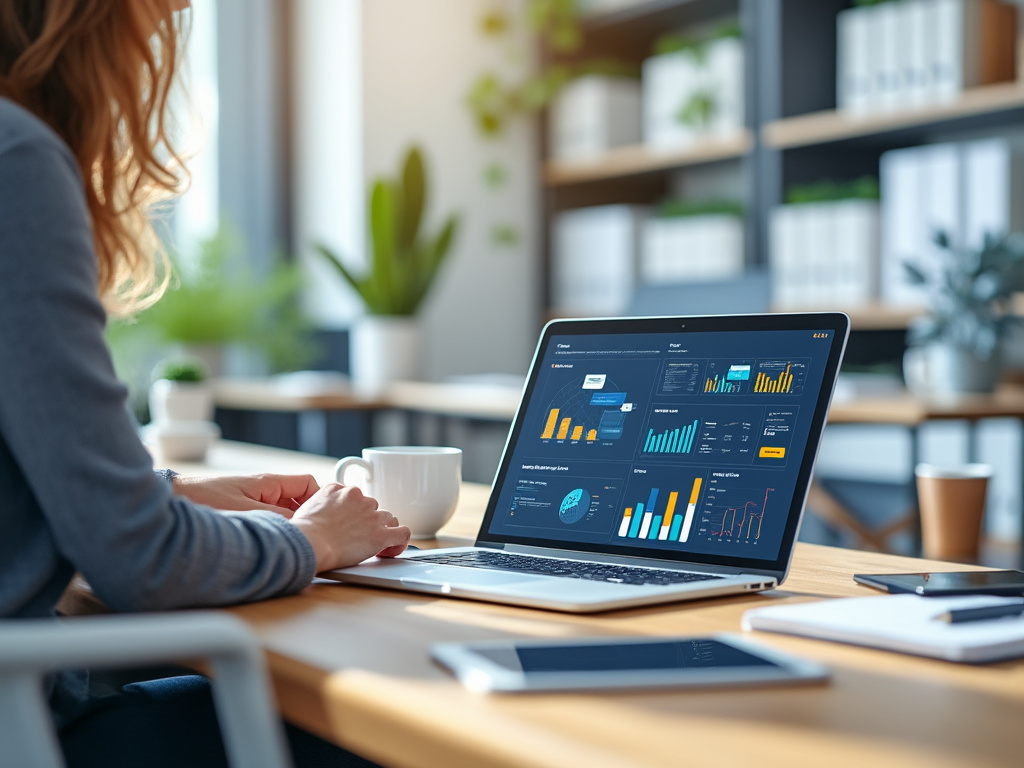 Person analyzing data charts on a laptop in a modern office setting, with a coffee cup and smartphone on the desk.