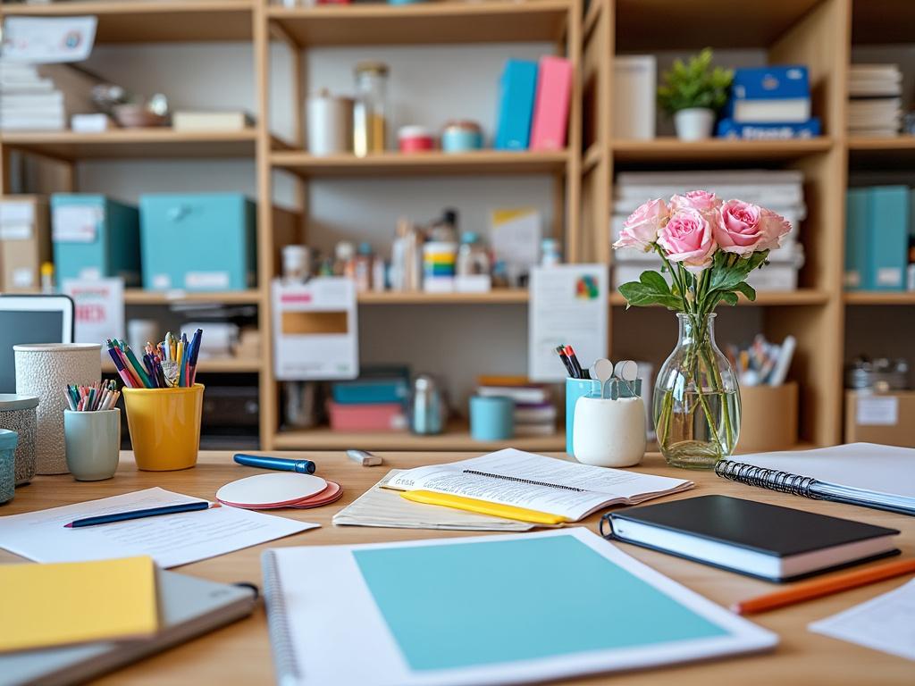 Oficina bien organizada con escritorio lleno de papelería, cuadernos, flores en florero y estantería al fondo. Oficina bien organizada con escritorio lleno de papelería, cuadernos, flores en florero y estantería al fondo.