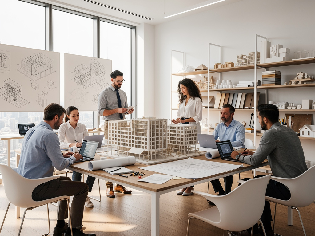 Equipo de arquitectos revisando planos y maqueta de edificio en un estudio moderno de diseño arquitectónico Equipo de arquitectos revisando planos y maqueta de edificio en un estudio moderno de diseño arquitectónico