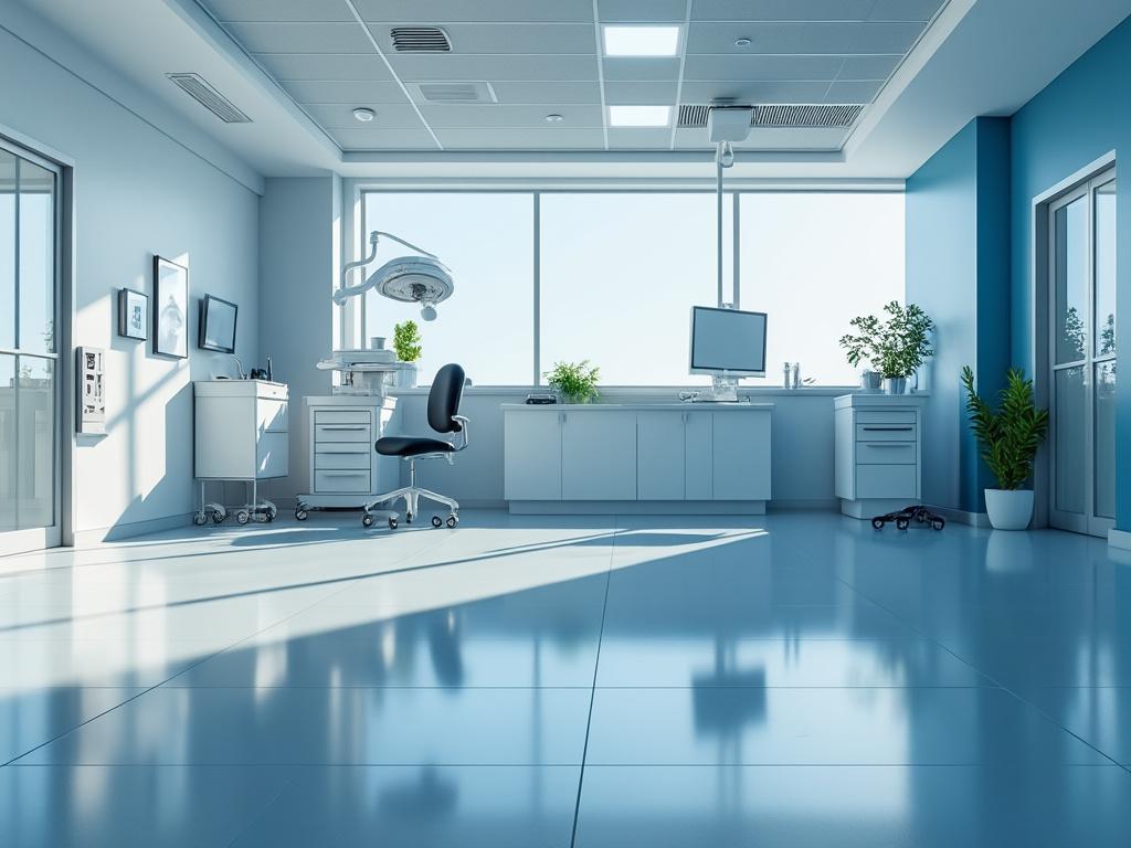 Consultorio médico moderno con ventanas grandes, equipo médico, silla ergonómica y plantas decorativas.