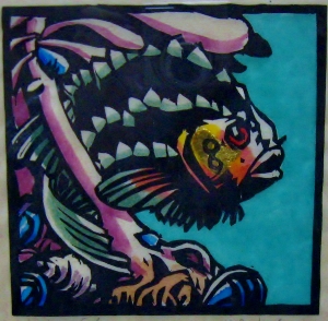 Pastuchiv, Lumpfish, 4.5" x 4.5" Linocut with Gold Leaf