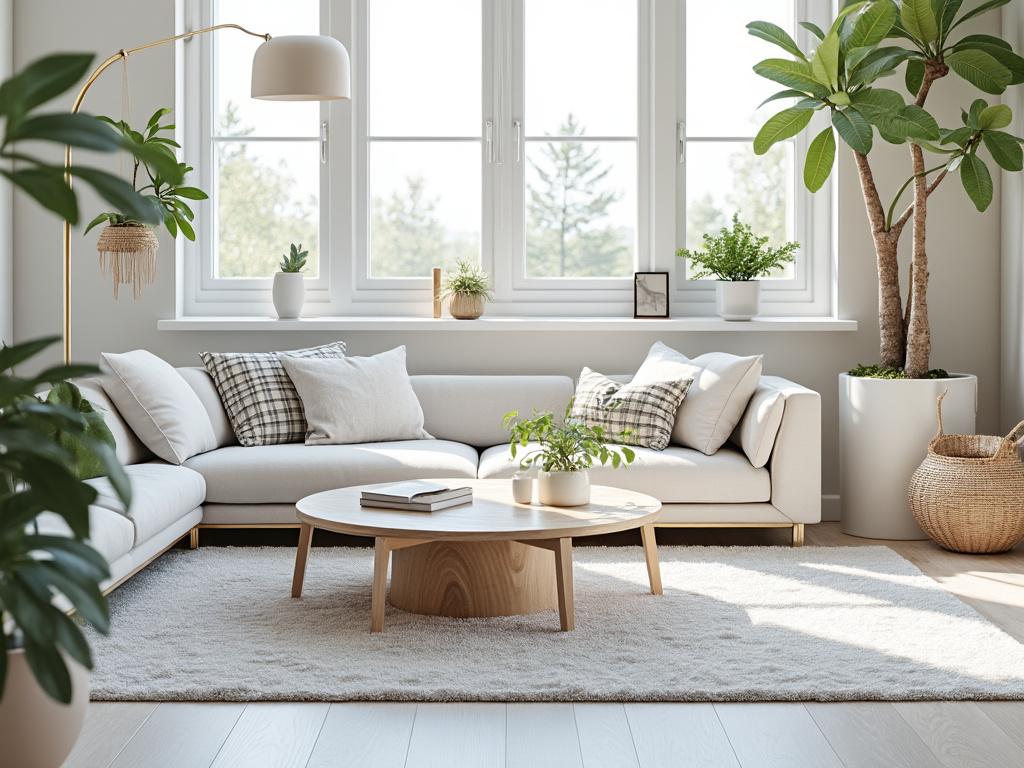 Modern living room with large windows, white sofa, wooden coffee table, and indoor plants creating a cozy atmosphere.