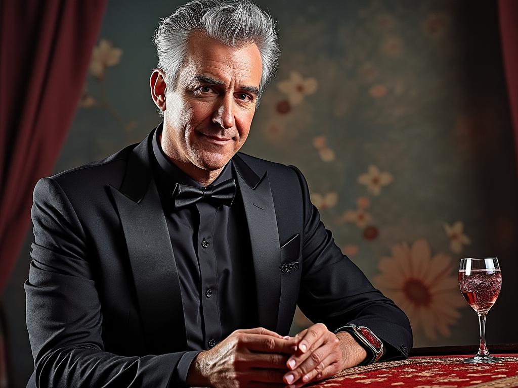 Man in a black tuxedo with bow tie sitting at a table with a glass of red wine, floral wallpaper background. Man in a black tuxedo with bow tie sitting at a table with a glass of red wine, floral wallpaper background.