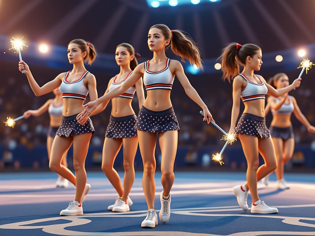 Group of cheerleaders performing with sparklers in a stadium.