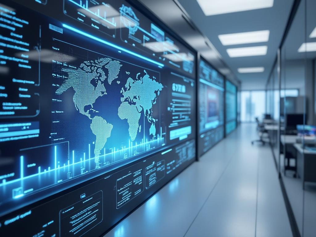 Oficina moderna con pantallas digitales mostrando mapas y análisis de datos globales.