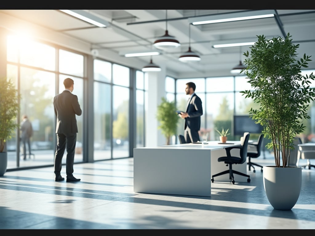 Modern office with large windows, sunlight, indoor plants, and two people in business attire.