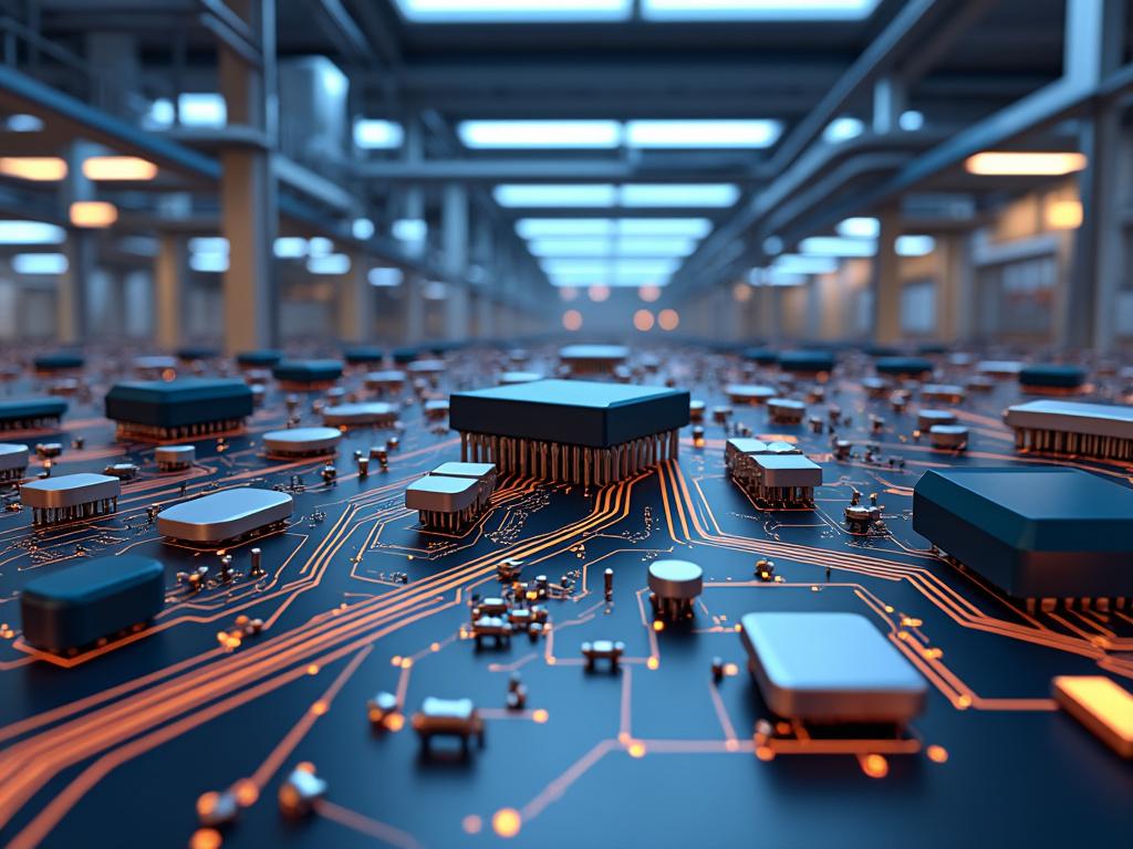 Primer plano de una placa de circuito impreso con múltiples microchips y conexiones doradas, situado en un entorno tecnológico industrial.