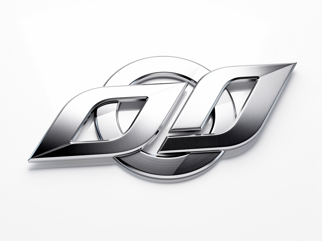 Logotipo metálico abstracto en 3D con formas plateadas entrelazadas sobre fondo blanco