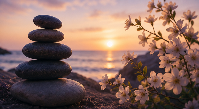 Stacked stones at sunset with flowers.