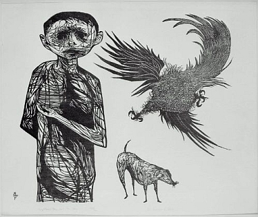 Figure 7: Leonard Baskin, Frightened Boy and his Dog, 1954. Color Woodblock Print, 32 x 35.5 cm. Museum of Fine Arts, Boston, M.A. 