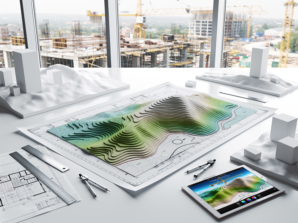 Maqueta topográfica y planos arquitectónicos sobre mesa con herramientas de diseño y obra en construcción al fondo