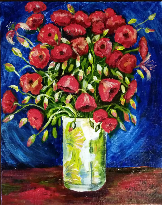 Red Flowers in Vase (After Van Gogh), Acrylic on 8"x10" Canvas Board