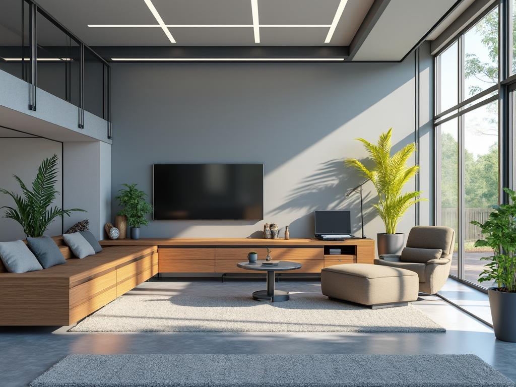Sala de estar moderna con muebles de madera, sofá esquinero, televisor grande en la pared, plantas decorativas y amplia ventana con vista al exterior.
