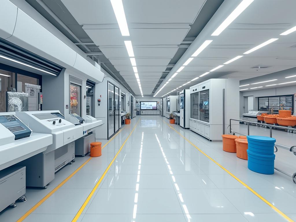 Modern laboratory with advanced equipment, sleek storage units, and bright lighting along a polished floor. Modern laboratory with advanced equipment, sleek storage units, and bright lighting along a polished floor.
