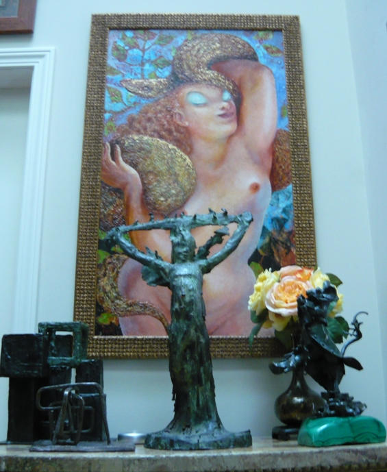 Eve (oil painting) / Avenging Angel (center bronze) / Pied Piper (right bronze)
Artist: William Girard
Note: The two bronzes (center and right) are shown separately elsewhere on this site: http://sitekreator.com/gsmichaels/the-sculpture-of-william-girard.html. Eve (37 5/8 x 23  3/8 inches. Oil painting) is discussed further on page 7 of this section.