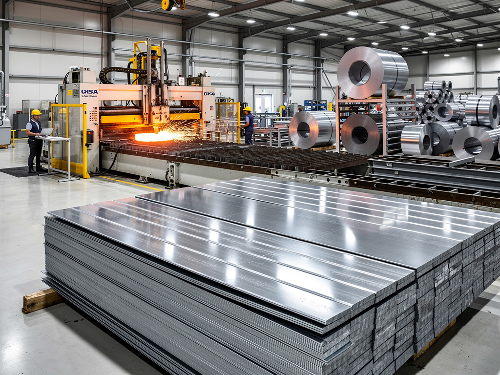 Fábrica metalúrgica con máquina de corte industrial, chispas, láminas de acero apiladas y bobinas metálicas