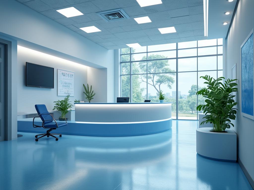 Recepción moderna con escritorio curvo, silla azul, plantas verdes y ventanas grandes con vista al exterior.
