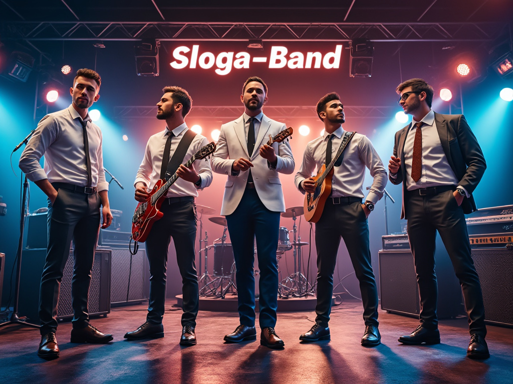 Five musicians in suits on stage with guitars, standing under a 'Sloga-Band' sign, surrounded by colorful stage lights.
