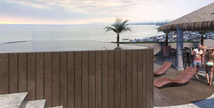 Sala de estar moderna con sofá gris, grandes ventanales, plantas y decoración elegante.