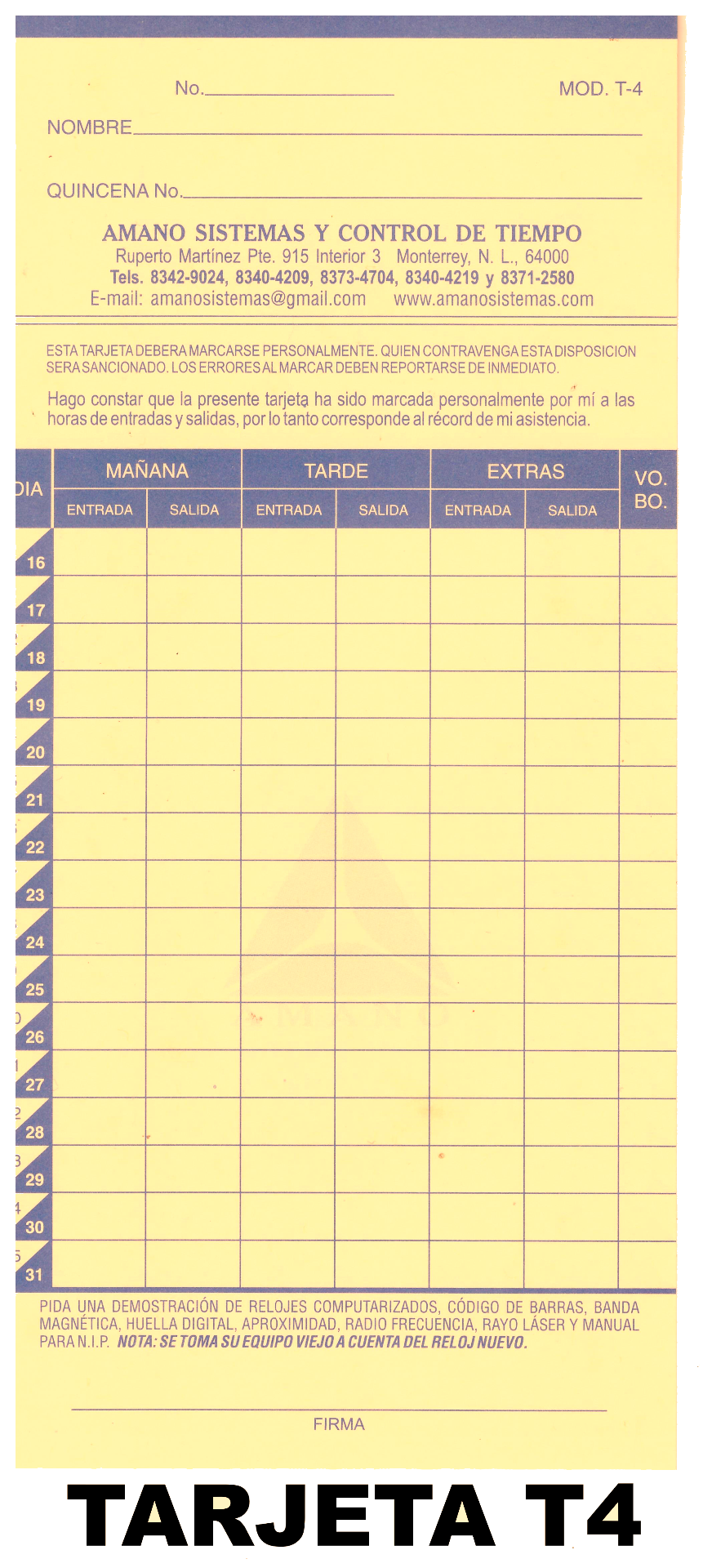 Tarjeta quincenal o mensual para relojes de impresión vertical tipo buzón