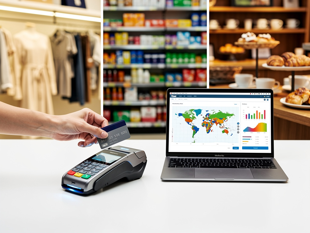 Contactless credit card payment terminal with laptop showing global retail analytics in multi-store shopping environment