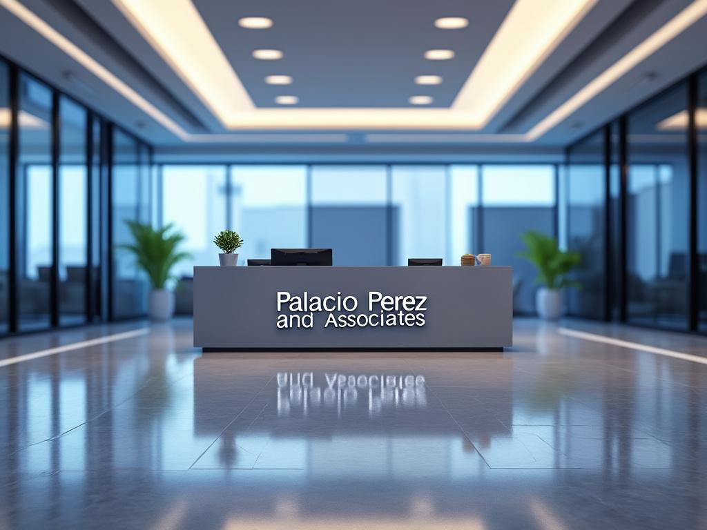 Recepción moderna de oficina con el letrero 'Palacio Perez and Associates', plantas decorativas y amplio espacio con iluminación elegante.