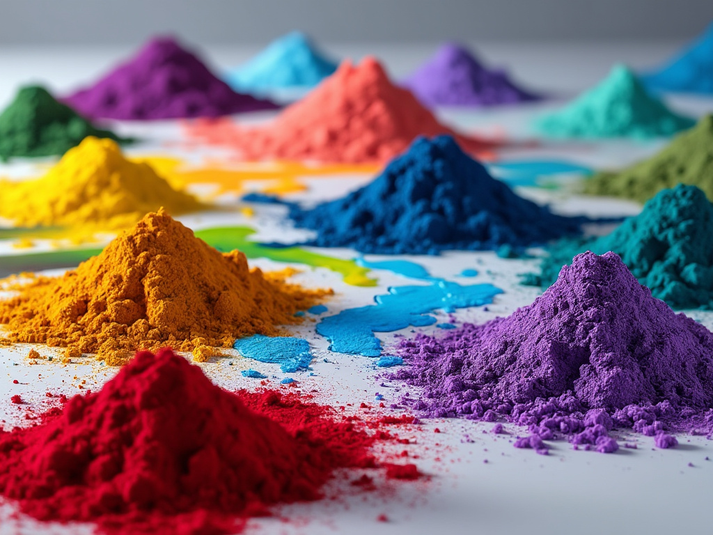 Montones de polvos de colores vibrantes distribuidos sobre una superficie blanca. Montones de polvos de colores vibrantes distribuidos sobre una superficie blanca.