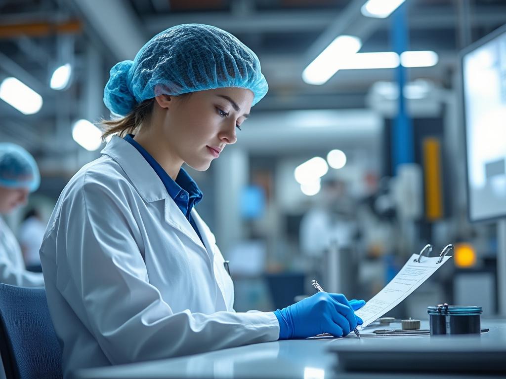 Mujer científica escribiendo en un laboratorio con equipo de protección.
