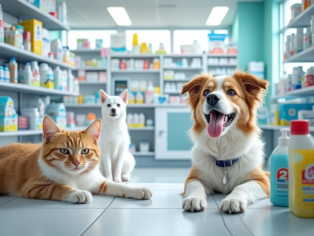 Perro feliz y gato relajado en tienda de mascotas, rodeados de productos para animales.
