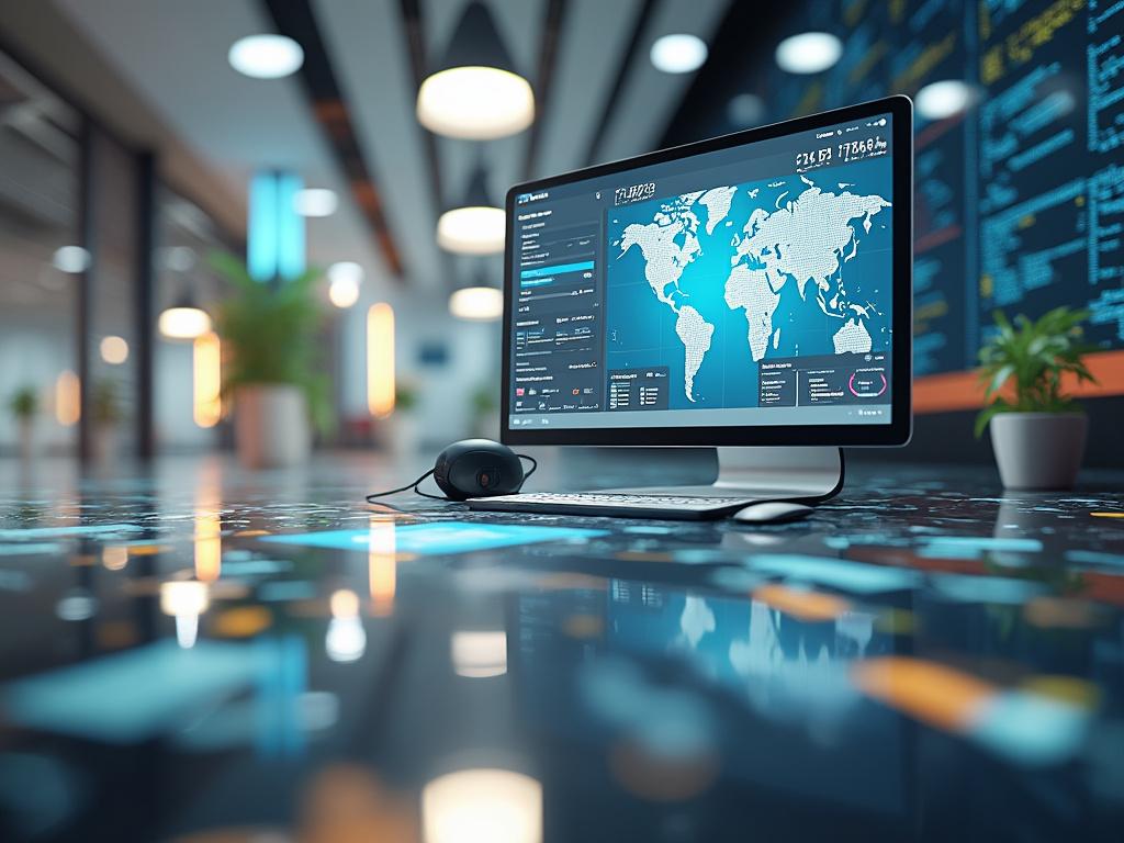 Monitor de computadora con mapa mundial y panel de análisis de datos en oficina tecnológica moderna