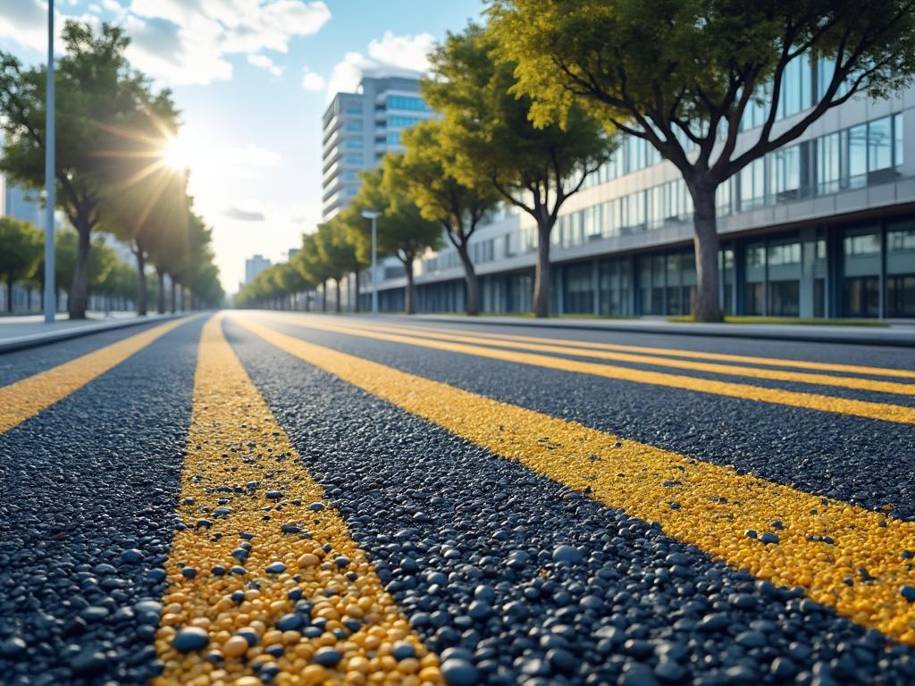 Carretera urbana vacía con líneas amarillas al amanecer, rodeada de árboles y edificios modernos.