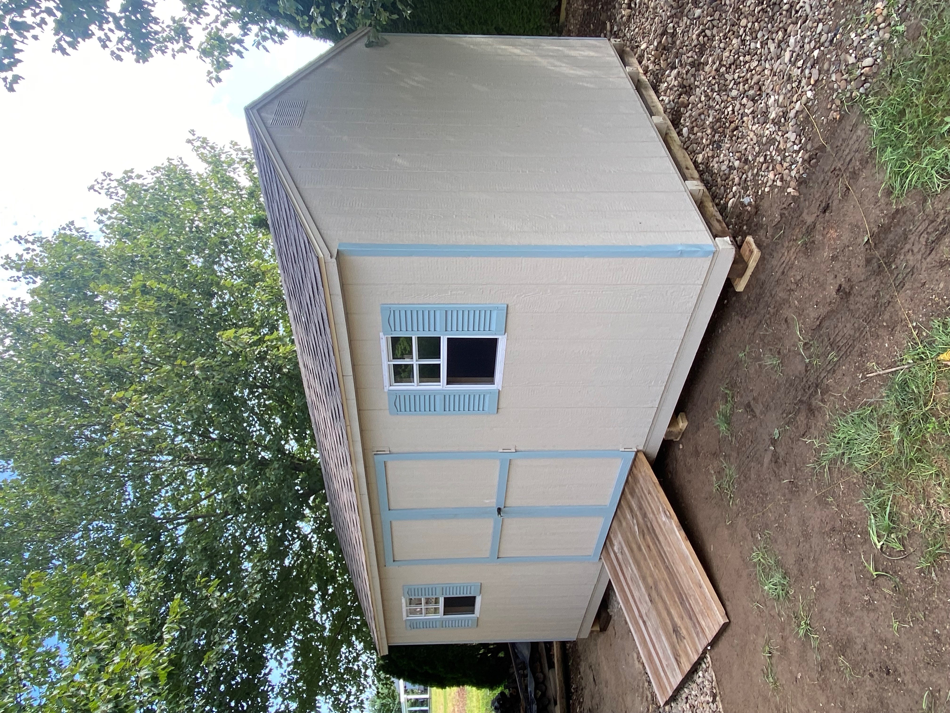 Lets make it pop as we have this 10 x 16 Budget A-Frame featuring: almond T-111 siding, with light blue trim, and brown 30 year architectural shingles with tarpaper underlayment. Also "popping", 2- 18" x 27" slider windows with screens, light blue louvered shutters, pressure treated floor joists, gable vents, 5' double doors, and 1- 5 x 4 treated ramp.

Thank you Carl! Have fun with the "Popping" Shed!
