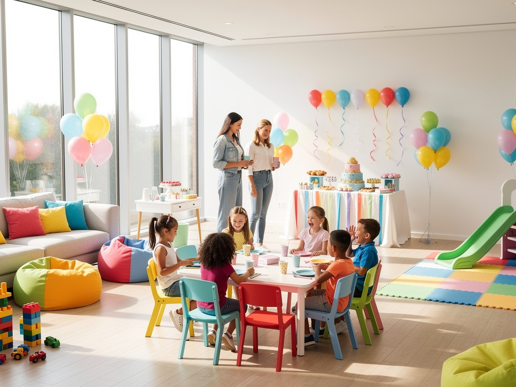 Fiesta de cumpleaños infantil en sala luminosa con globos de colores, niños jugando y mesa de dulces decorada