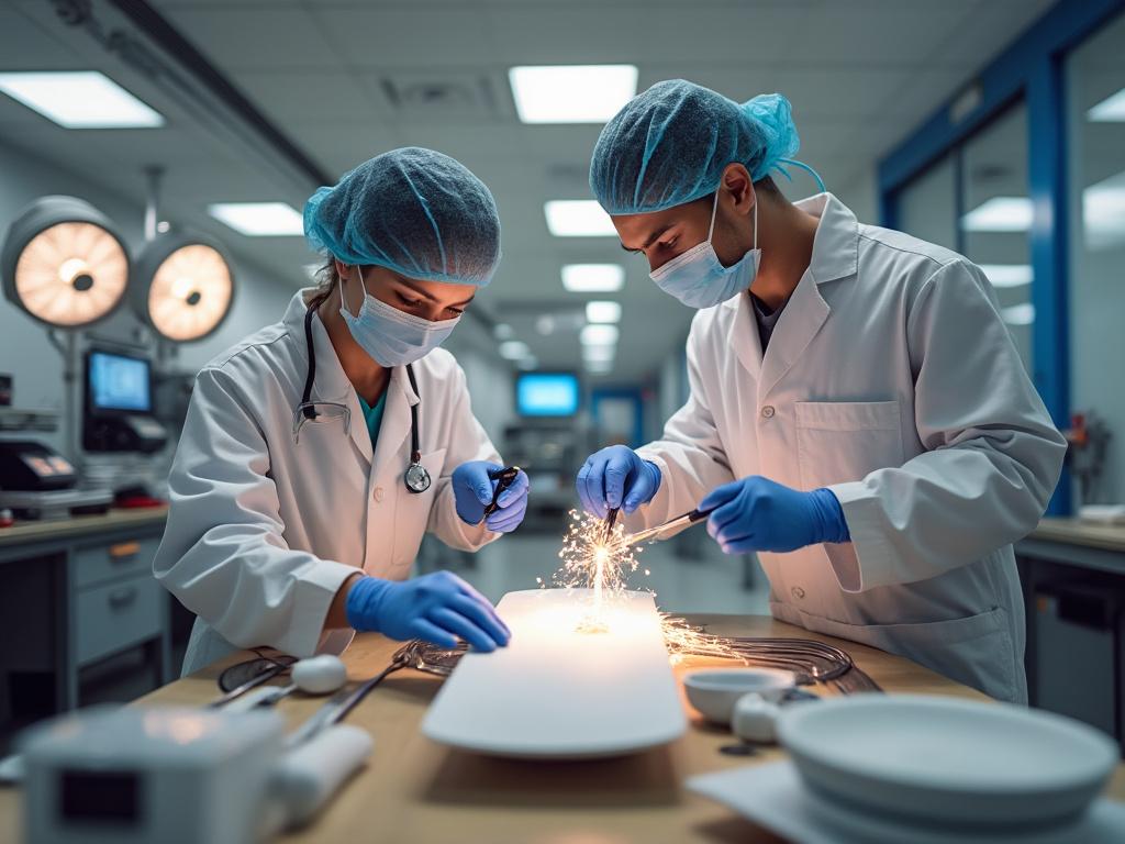Dos científicos en laboratorio realizando un experimento con chispas, usando batas blancas, mascarillas y guantes.