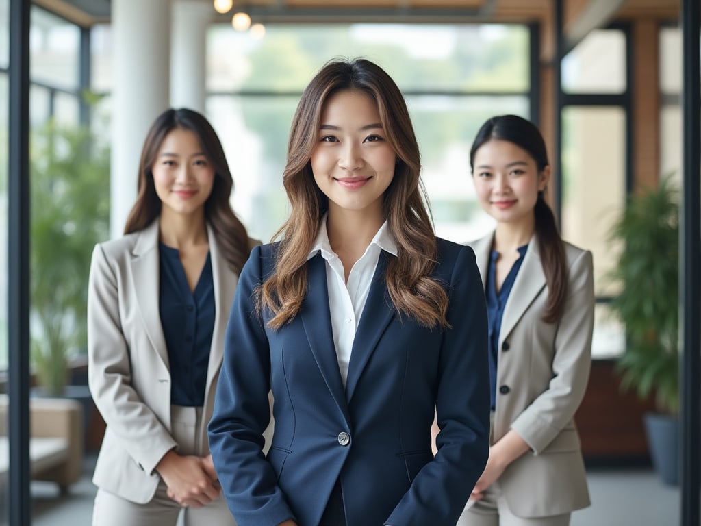 Tres mujeres profesionales sonriendo en una oficina moderna, vestidas con trajes de negocios elegantes. Tres mujeres profesionales sonriendo en una oficina moderna, vestidas con trajes de negocios elegantes.