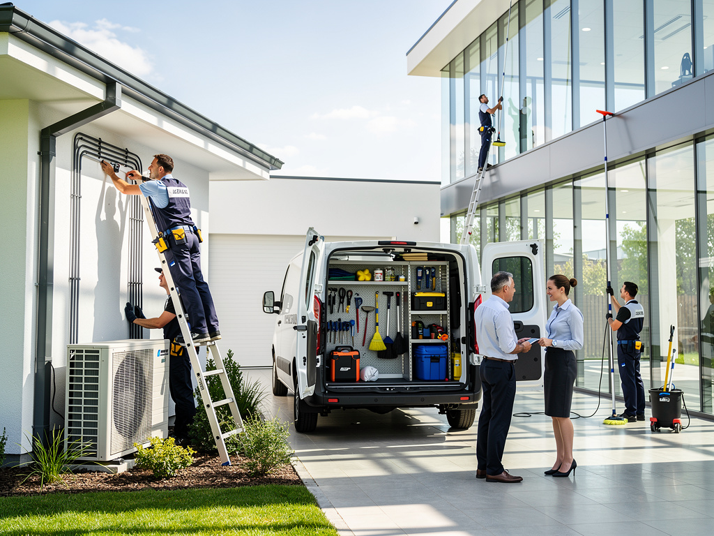 Equipo de limpieza y mantenimiento trabajando en edificio moderno con furgoneta de herramientas y técnicos en escaleras Equipo de limpieza y mantenimiento trabajando en edificio moderno con furgoneta de herramientas y técnicos en escaleras