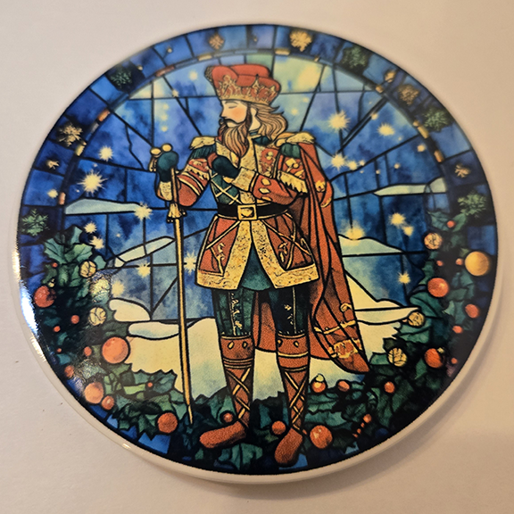 Round ceramic coaster with a stained glass nutcracker prince design