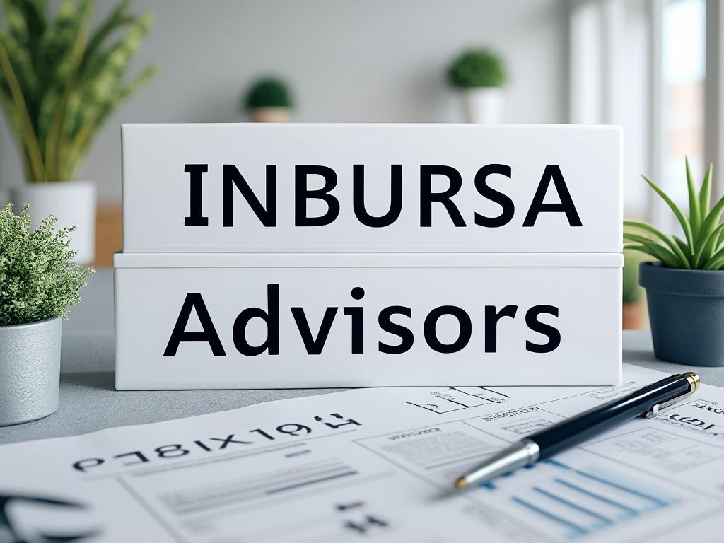 Cartel de 'INBURSA Advisors' en una oficina moderna con plantas y documentos sobre la mesa.