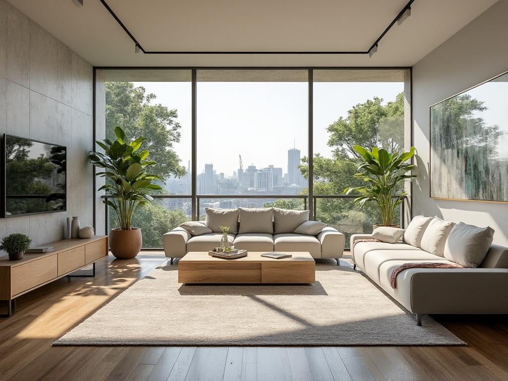 Sala de estar moderna con muebles elegantes, plantas decorativas y una gran ventana con vista a la ciudad.