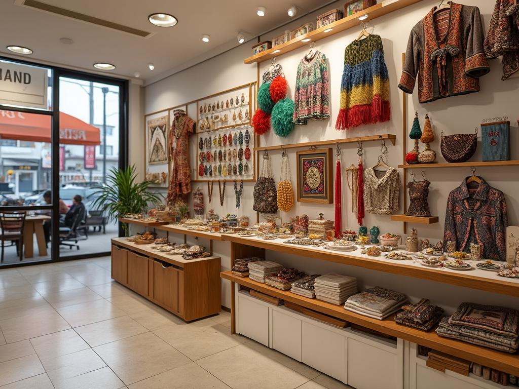 Tienda de artesanía con coloridos productos textiles y accesorios, exhibidos en estanterías contra una pared blanca, con mesas decoradas y un ventanal al fondo.