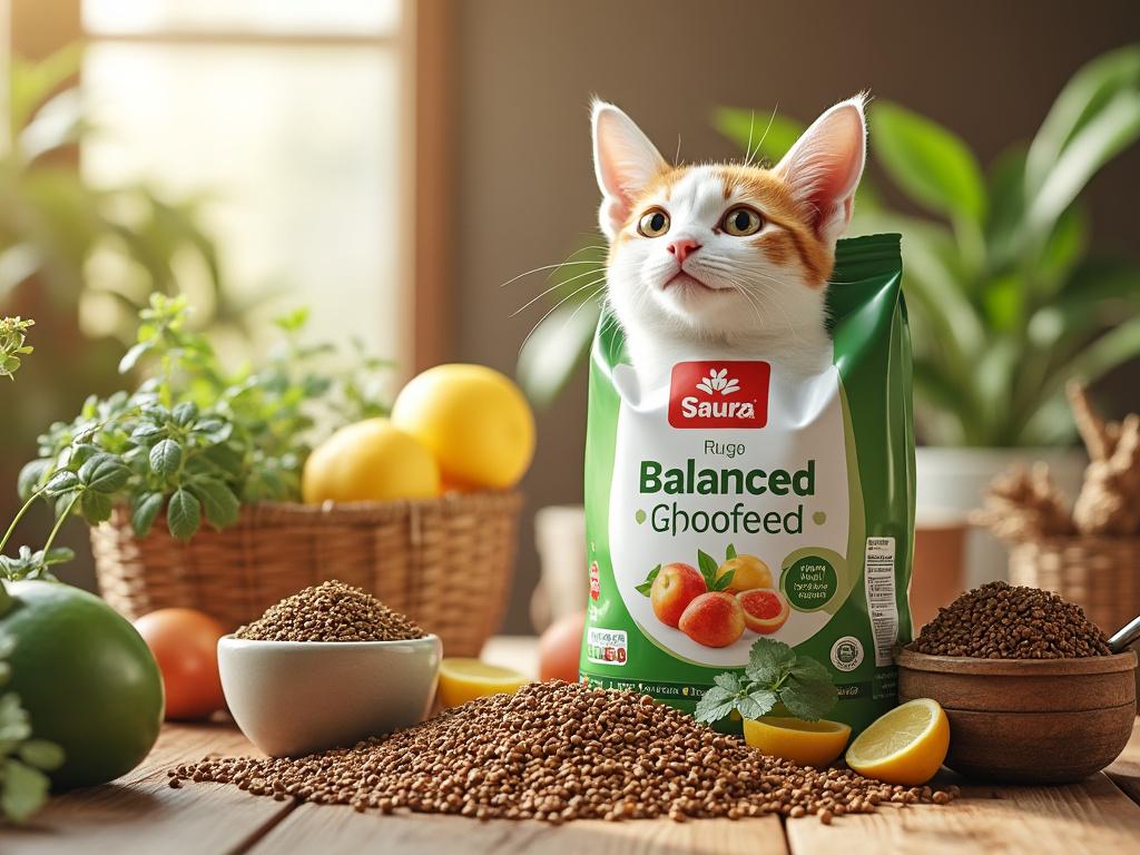 Kitten sitting inside a green bag of Saura Balanced Ghoofeed cat food surrounded by various fruits and herbs on a wooden table.
