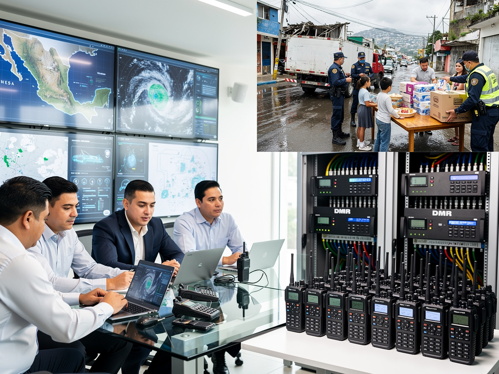 Centro de emergencia monitoreando huracán en México, policías entregando ayuda y equipos de radiocomunicación DMR