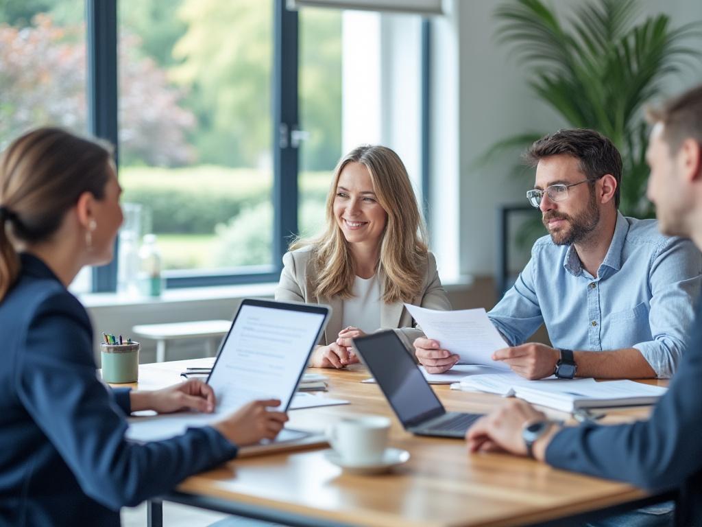 Group of professionals in a business meeting, discussing documents at conference table with laptops and coffee, bright office setting with large windows and plants. Group of professionals in a business meeting, discussing documents at conference table with laptops and coffee, bright office setting with large windows and plants.