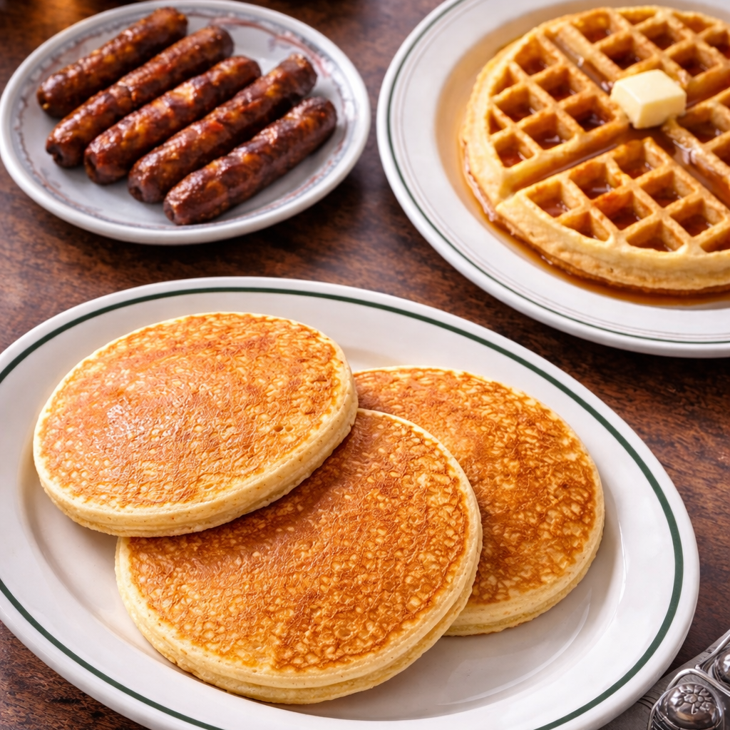 Golden pancakes, crispy sausage, and waffles done right, breakfast comfort at its best.