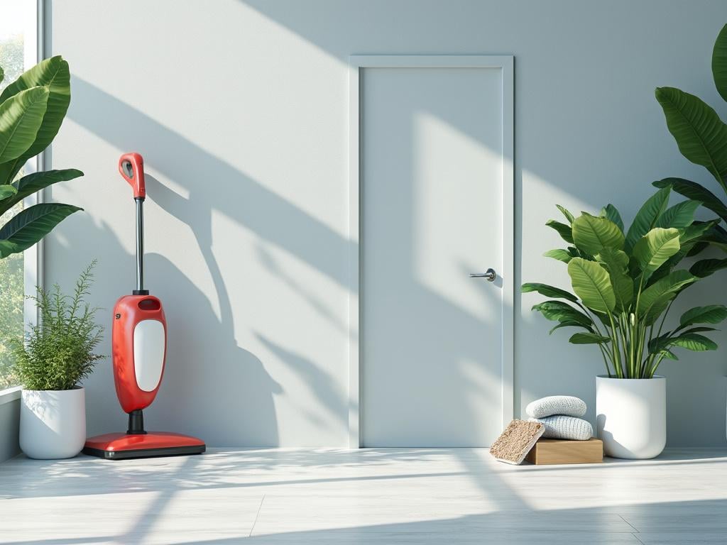 Habitación iluminada con aspiradora roja, plantas y puerta blanca.