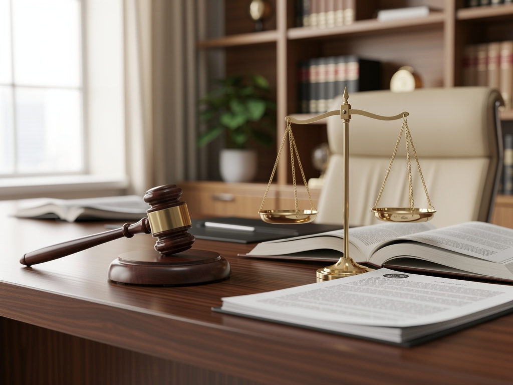 Mazo de juez, balanza de la justicia y libros legales sobre escritorio en oficina de abogados