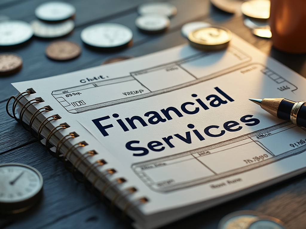 Cuaderno con texto 'Financial Services' en una mesa rodeada de monedas y un bolígrafo, representando servicios financieros.