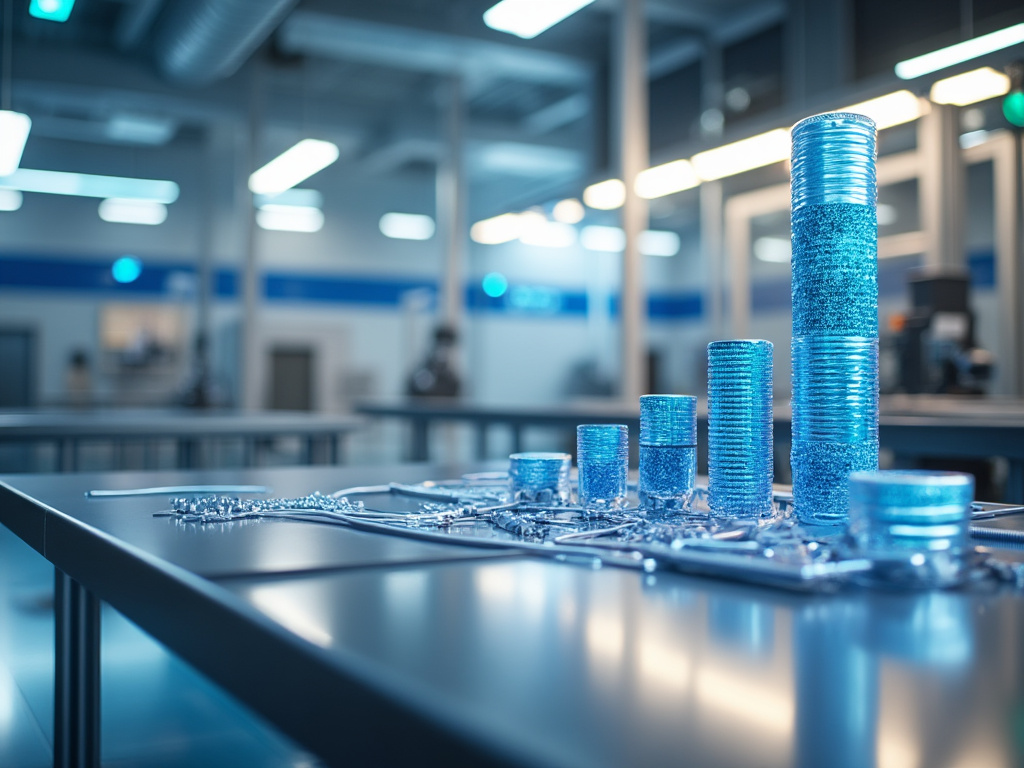 Monedas apiladas sobre una mesa de metal en un entorno industrial iluminado, con un fondo de maquinaria y luces brillantes.