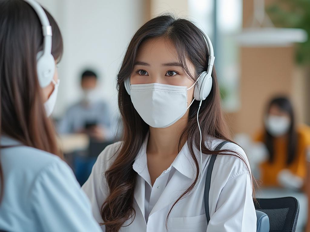Dos mujeres con mascarillas y auriculares, conversando en un entorno de oficina moderno.